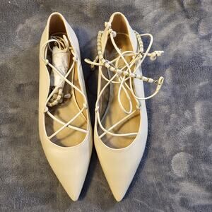 NEW Sam Edelman Winslet pointed-toe flats ivory leather pearl-beaded wrap SZ 7.5